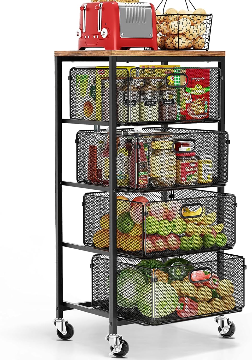 Kitchen Cart with Drawers - Lockable Wheels, Wooden Top, Black