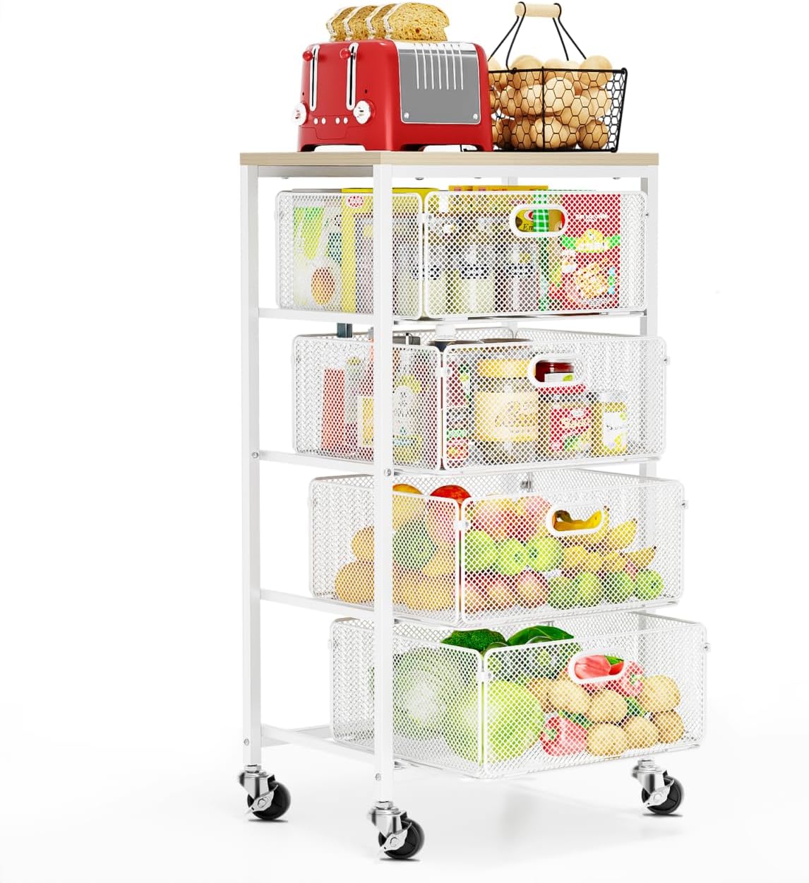 Kitchen Cart with Drawers - Lockable Wheels, Wooden Top, White