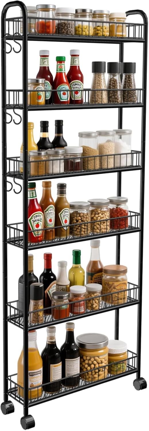 Slim Storage Cart with Wheels - 6 in Wide, 6 Tier, Narrow Space